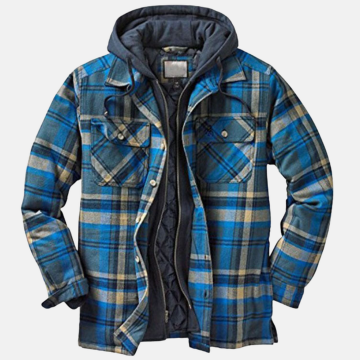 Karierte Hemdjacke Blau mit dunkler Kapuze und Brusttaschen