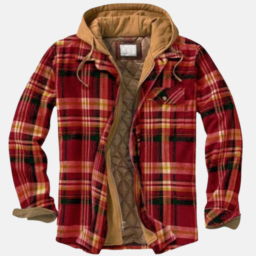 Rote karierte Herrenjacke mit brauner Kapuze und Knopfleiste