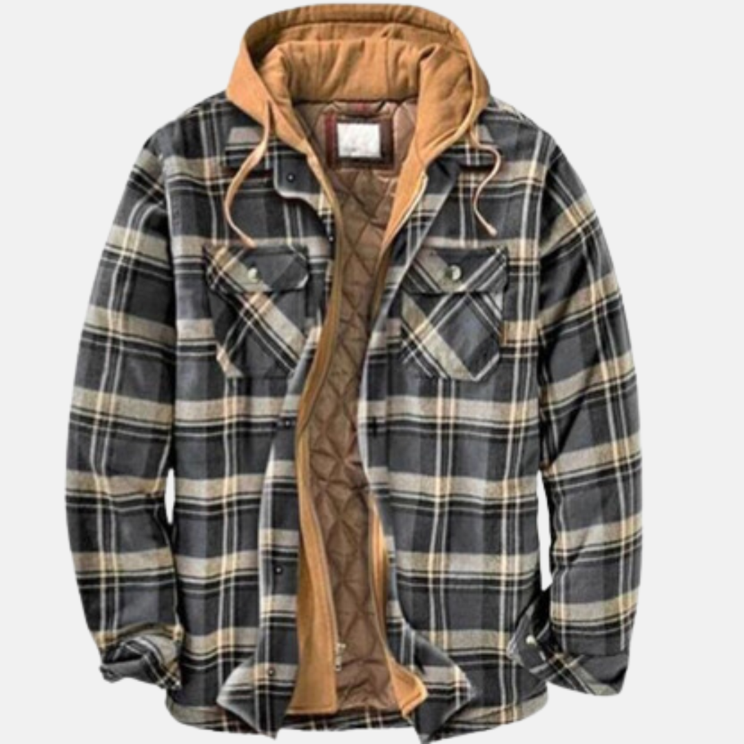 Graue karierte Hemdjacke mit brauner Kapuze und Steppfutter