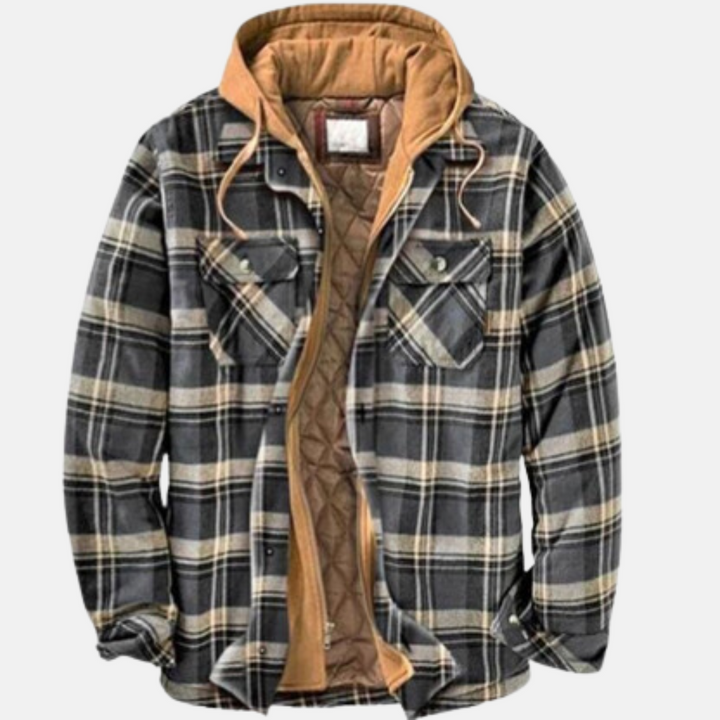Graue karierte Hemdjacke mit brauner Kapuze und Steppfutter