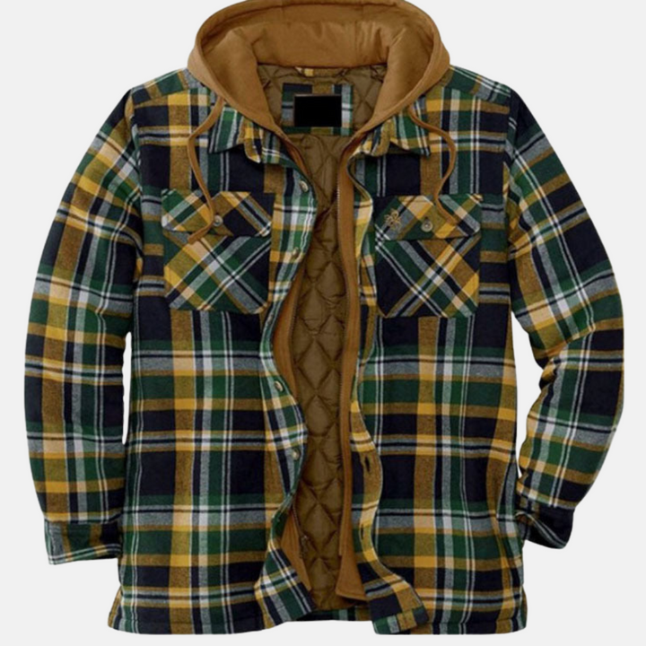 Herren Flanelljacke grün-gelb kariert mit Kapuze und Kontrastfutter