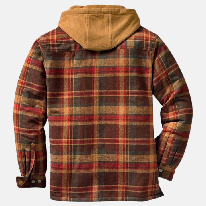 Rückenansicht karierte Hemdjacke Rot-Braun mit brauner Kapuze