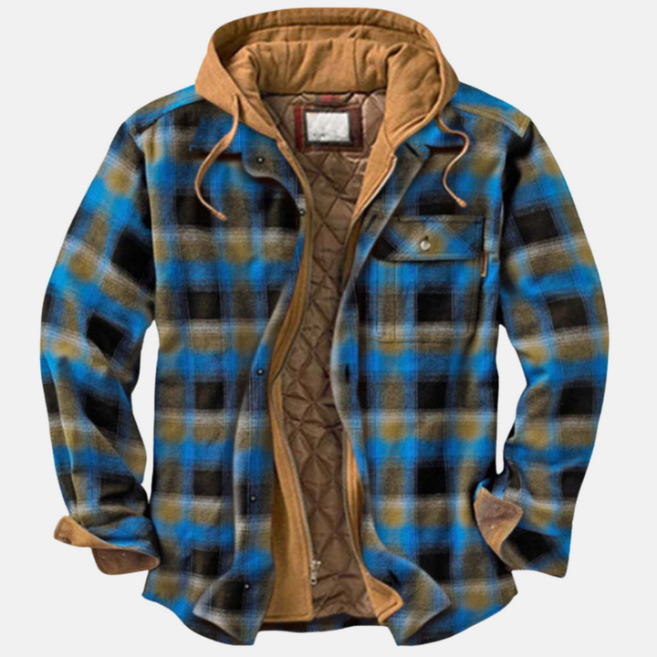 Karierte Herrenjacke Blau-Senfgelb mit Kapuze und Kordelzug