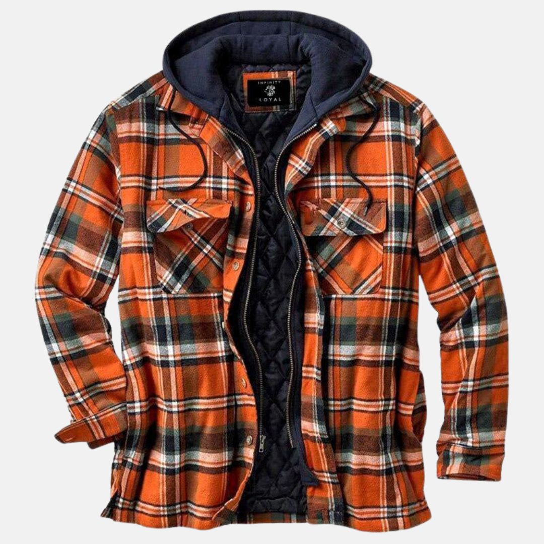 Herren Hemdjacke Orange kariert mit dunkler Kapuze und Zipper