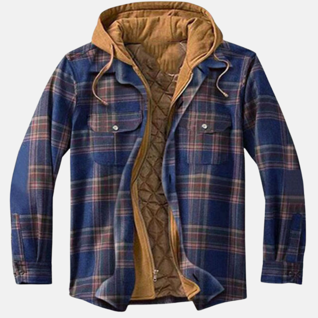 Flanellhemdjacke Marineblau kariert mit Kapuze und Brusttaschen