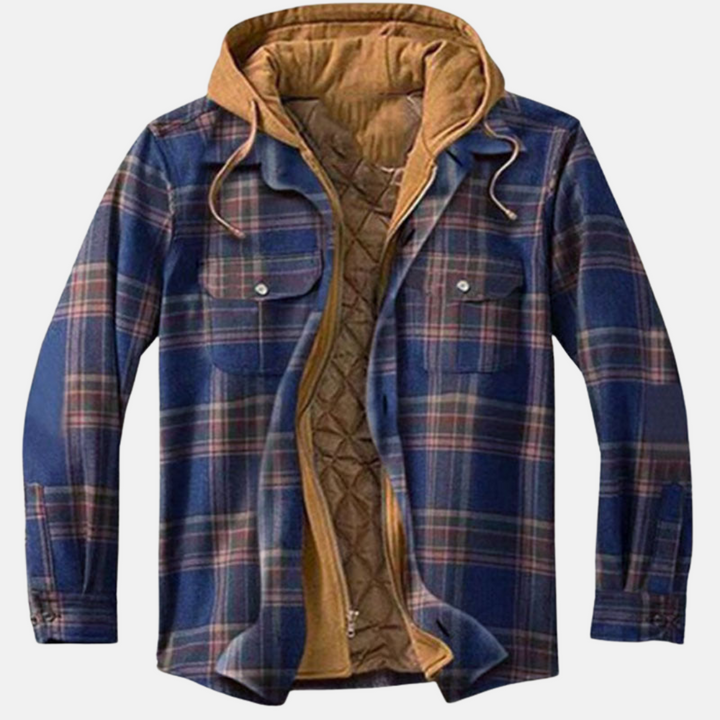 Flanellhemdjacke Marineblau kariert mit Kapuze und Brusttaschen