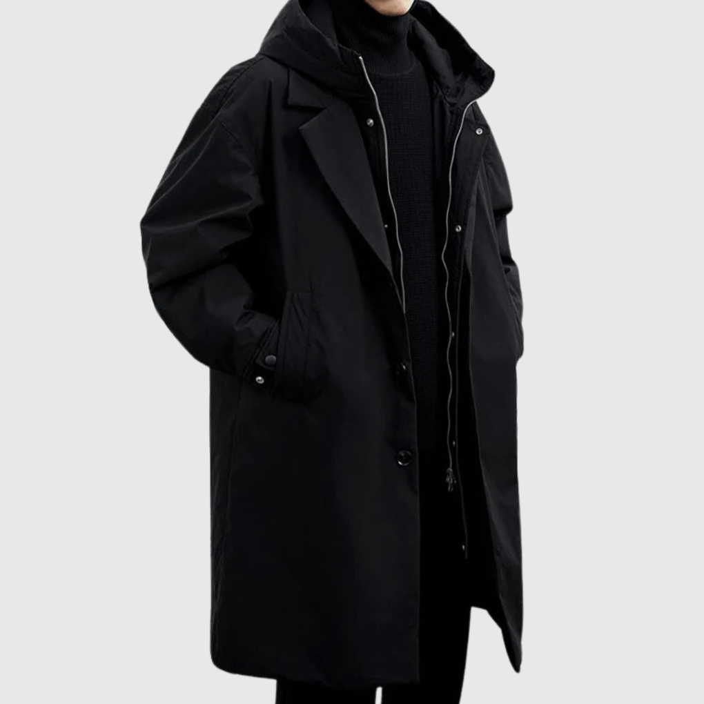 Schwarze lange Regenjacke für Herren mit Kapuze und Reverskragen