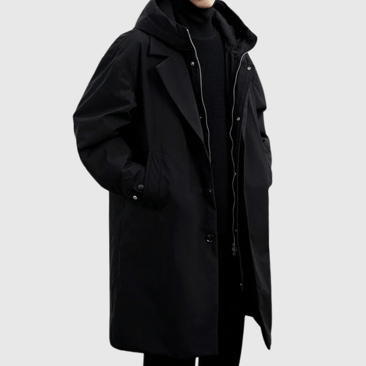 Schwarze lange Regenjacke für Herren mit Kapuze und Reverskragen