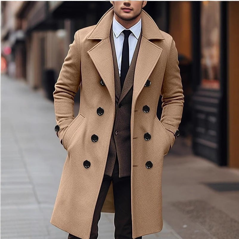 Herren Wollmantel in Camel mit zweireihiger Knopfleiste und breitem Revers