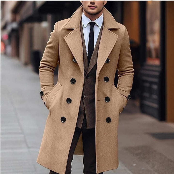 Herren Wollmantel in Camel mit zweireihiger Knopfleiste und breitem Revers