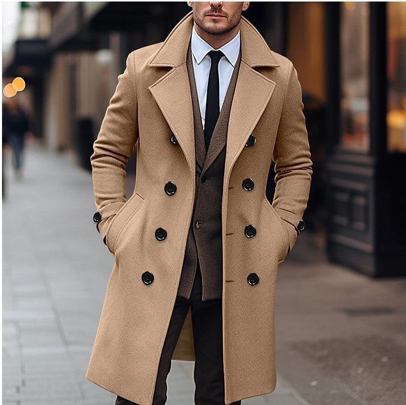 Camelfarbener Wollmantel Herren mit Zweireiher und elegantem Kragen
