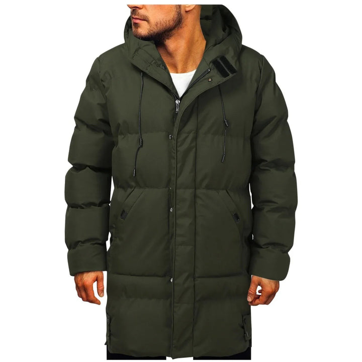 Langer Herren-Parka in Oliv mit Kapuze und Kordelzug am Kragen