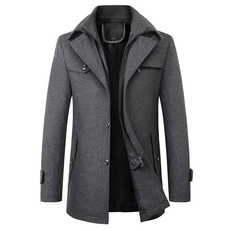 Anthrazitgrauer Herrenmantel mit Strickkragen und mehreren Taschen, mittellange Länge