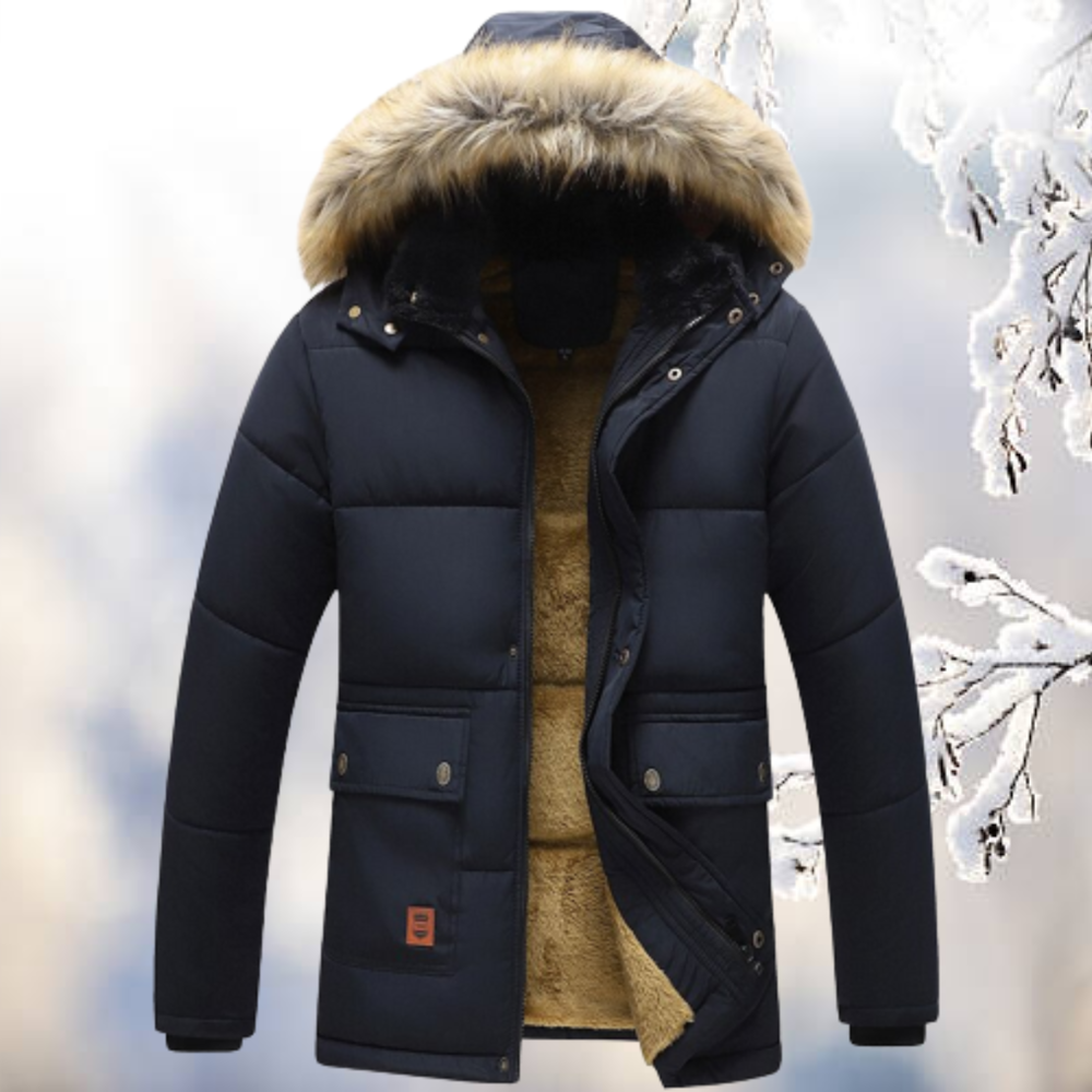 Herren Winterparka dunkelblau mit Fellkapuze und warmem Kunstfellfutter, geöffnet getragen