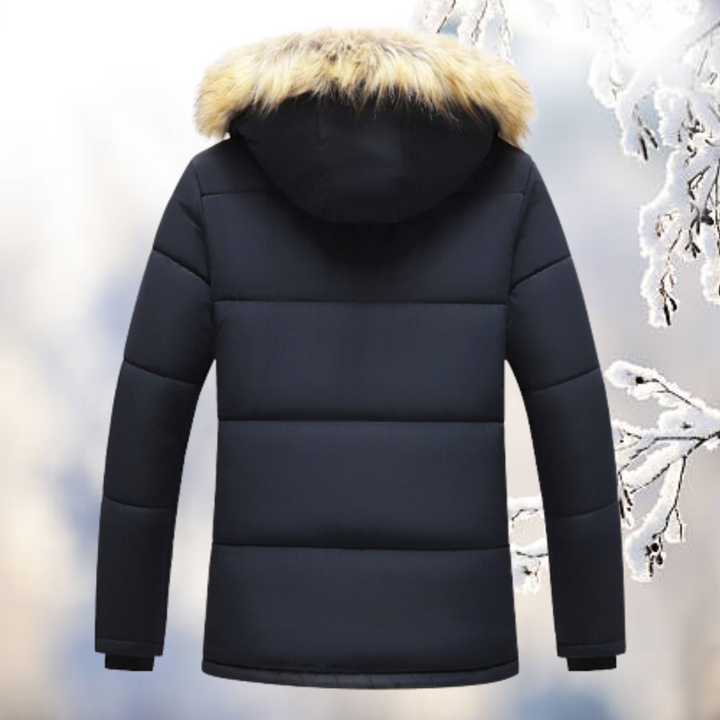 Dunkelblauer Herrenparka mit Fellkapuze, Rückenansicht mit gestepptem Design