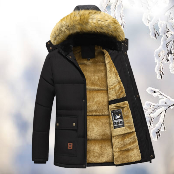 Schwarzer Herrenparka mit Fellkapuze und beigem Plüschfutter, freigestellt