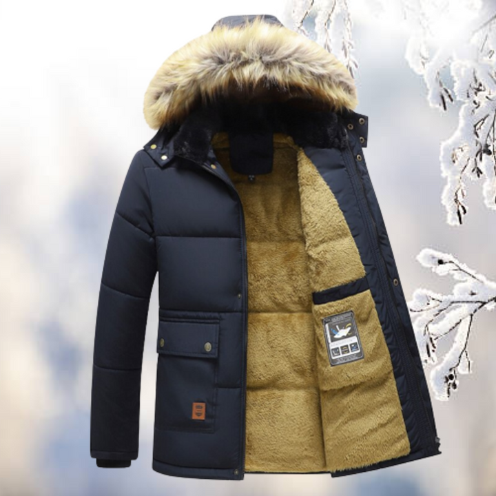 Dunkelblauer Winterparka mit Fellkragen, seitliche Ansicht mit offenem Reißverschluss
