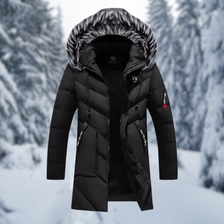 Schwarzer Herren-Parka mit Kunstfellkapuze und gestepptem Design im Schnee