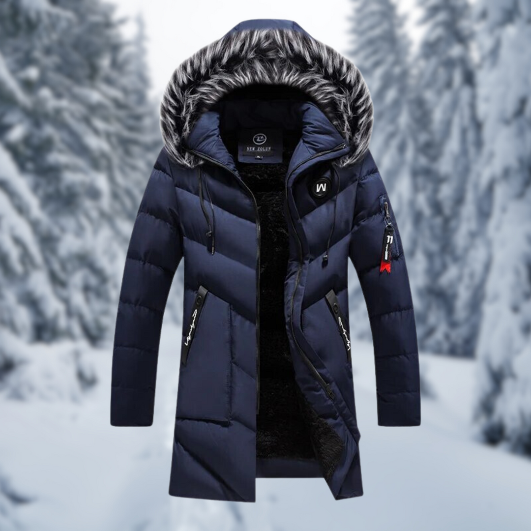 Dunkelblauer Herren-Parka mit Fellbesatz an der Kapuze und Reißverschluss