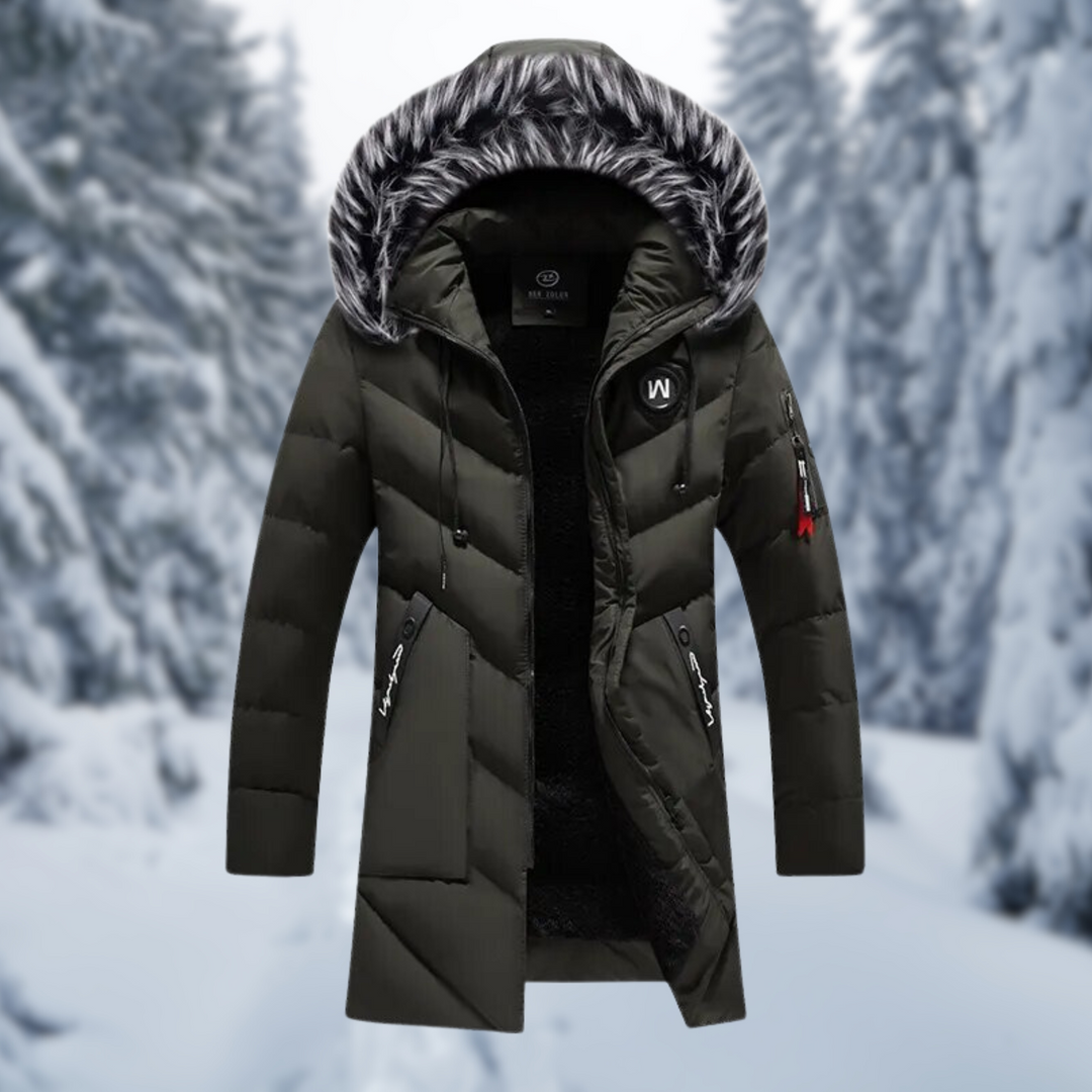 Olivgrüner gefütterter Parka mit Kunstfellkapuze für Herren im Winter