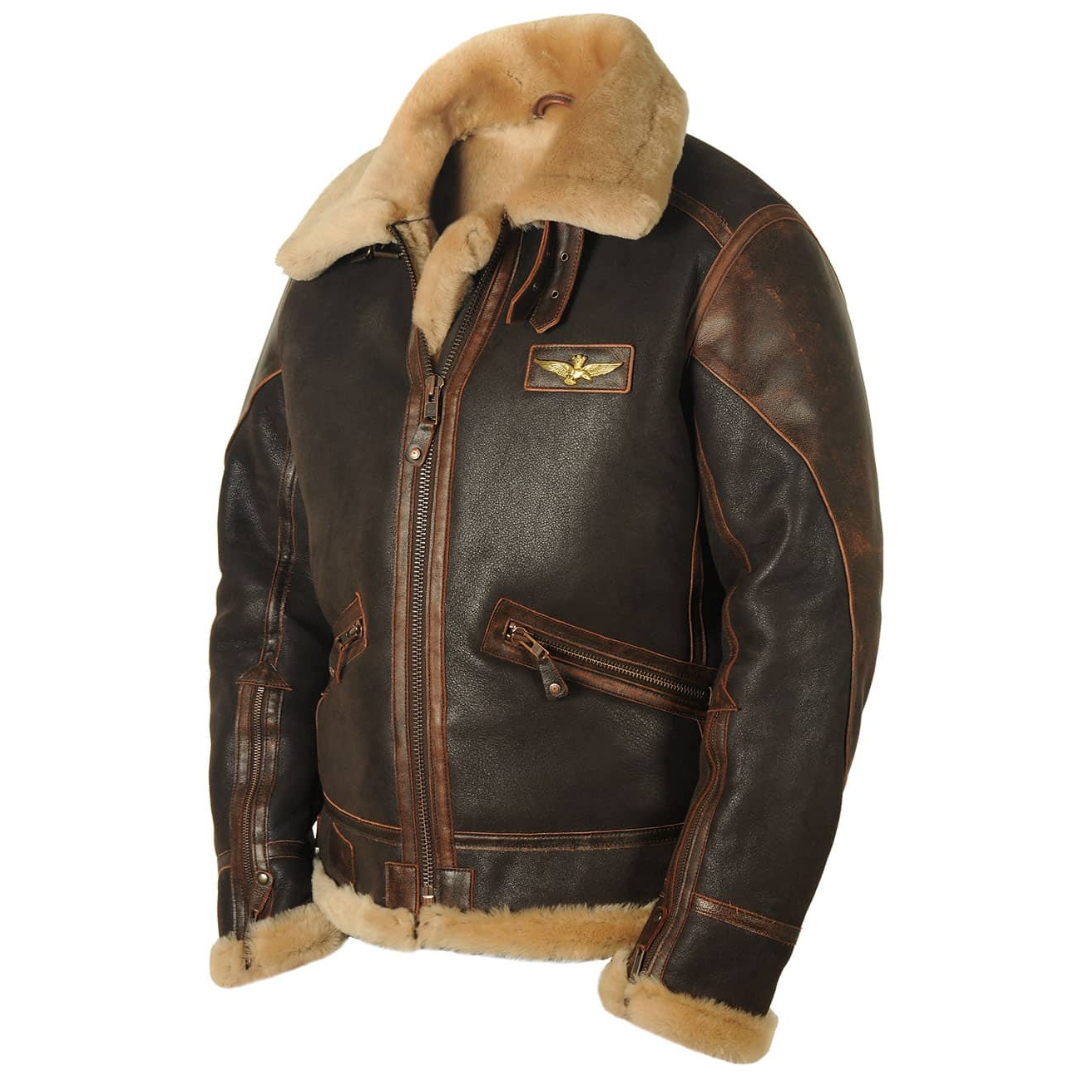 Pilotenjacke aus braunem Leder mit Fellkragen und Vintage-Optik, seitliche Ansicht