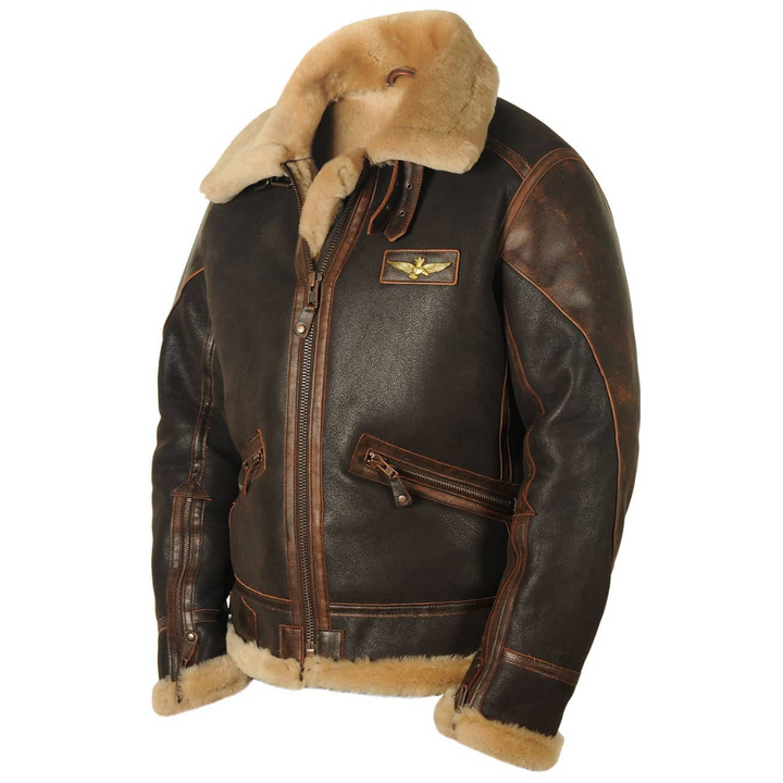 Pilotenjacke aus braunem Leder mit Fellkragen und Vintage-Optik, seitliche Ansicht