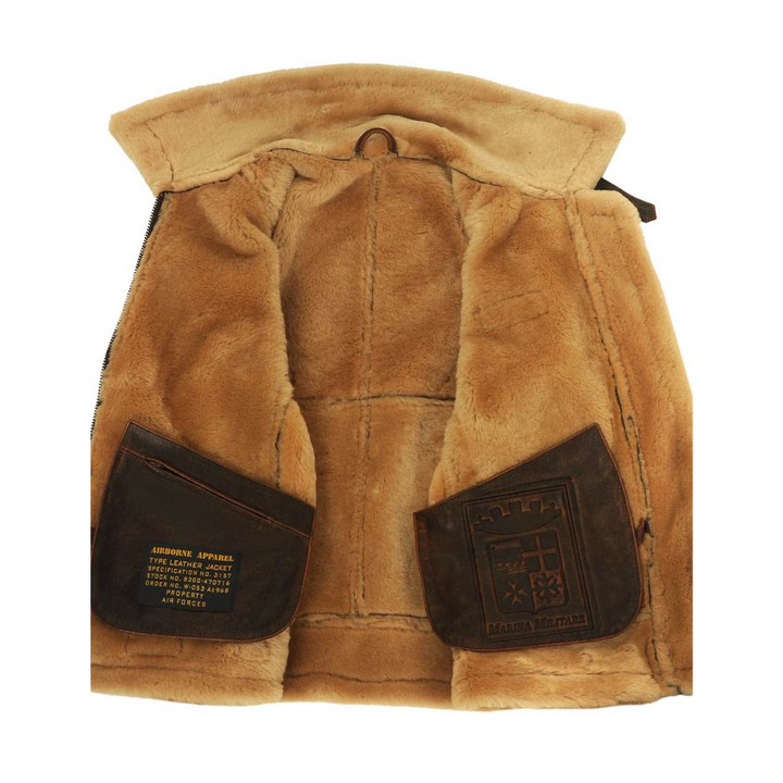 Innenfutter der Pilotenjacke mit Kunstfell und geprägten Ledertaschen