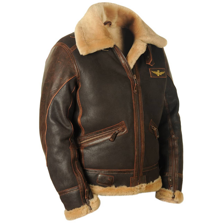 Braune Lederjacke mit Fellkragen und goldenem Adlerabzeichen, Frontansicht