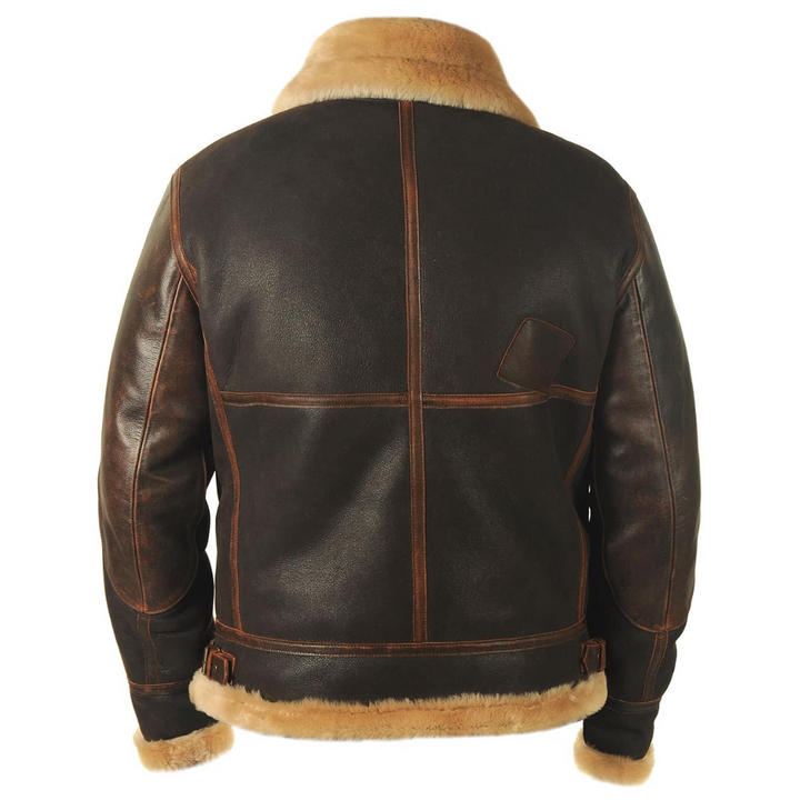 Pilotenjacke in Braun mit Fellkragen und Fellbesatz, Rückenansicht