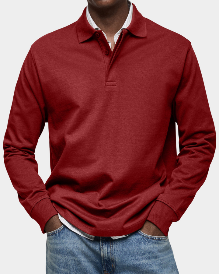 Weinrotes meliertes Langarm Poloshirt mit Knopfleiste über weiß gestreiftem Hemd
