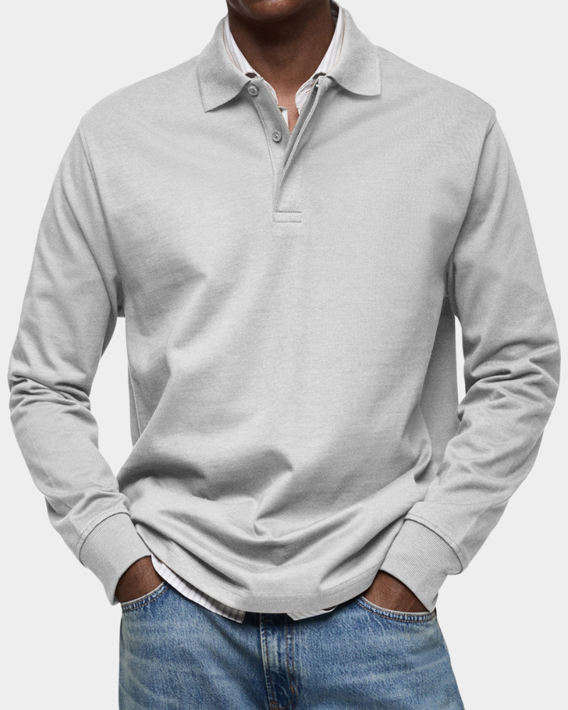 Hellgraues meliertes Langarm Poloshirt mit klassischem Kragen und Knopfleiste
