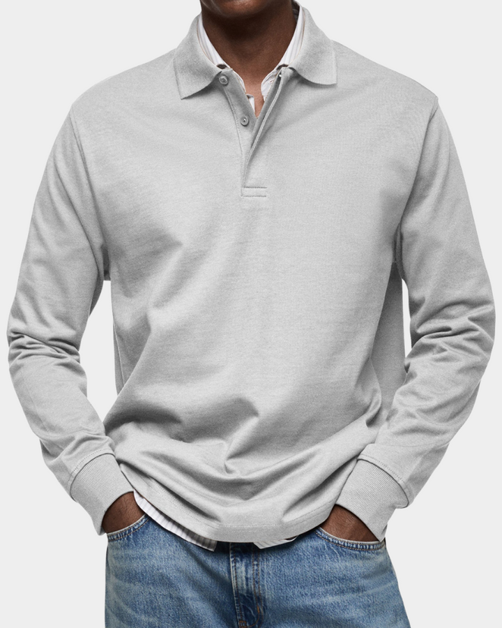 Hellgraues meliertes Langarm Poloshirt mit klassischem Kragen und Knopfleiste