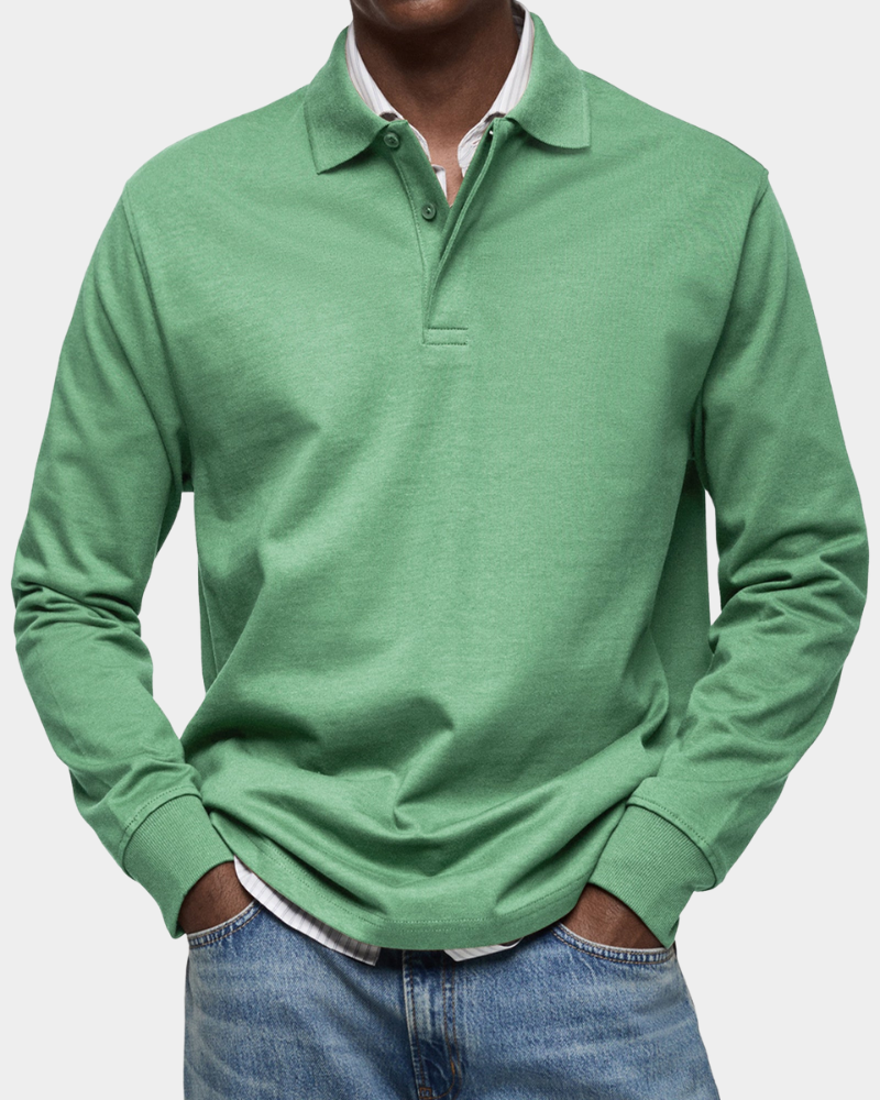 Grünes meliertes Langarm Poloshirt mit Polokragen und dezenter Knopfleiste