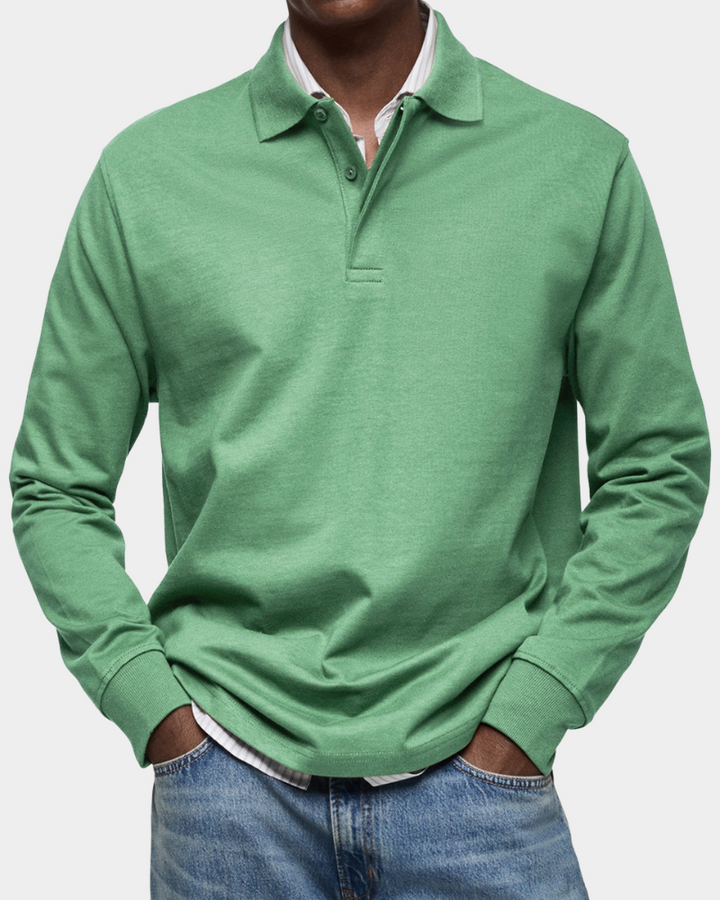 Grünes meliertes Langarm Poloshirt mit Polokragen und dezenter Knopfleiste