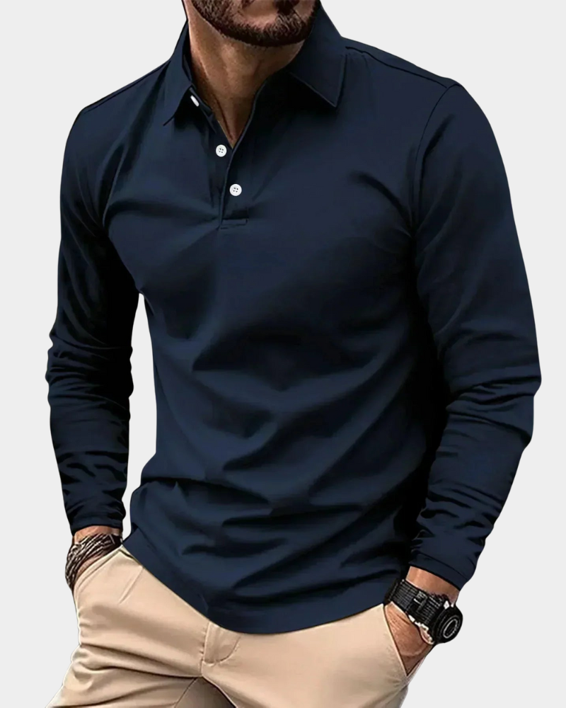 Herren Poloshirt langarm in Navyblau mit Reverskragen und Knopfleiste