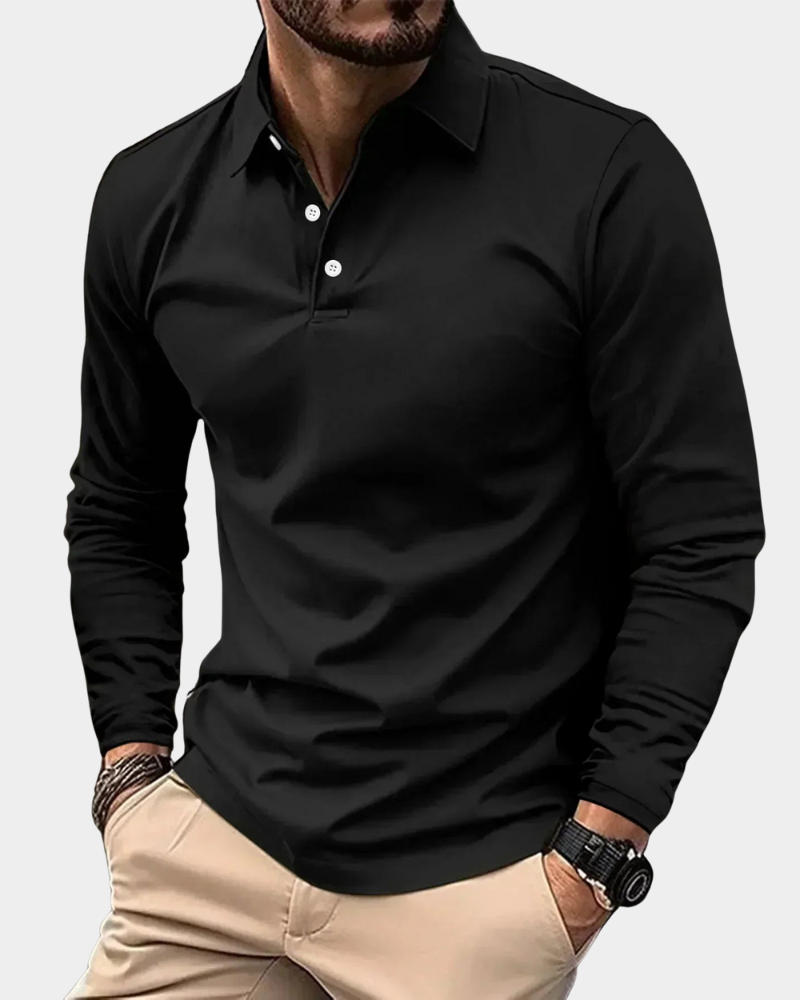 Langarm Poloshirt für Herren in Schwarz mit klassischem Kragen