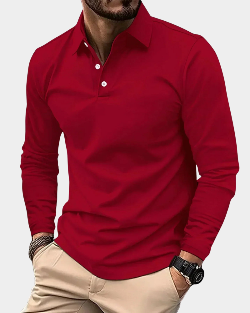 Rotes Herren Poloshirt langarm mit Knopfleiste und Reverskragen