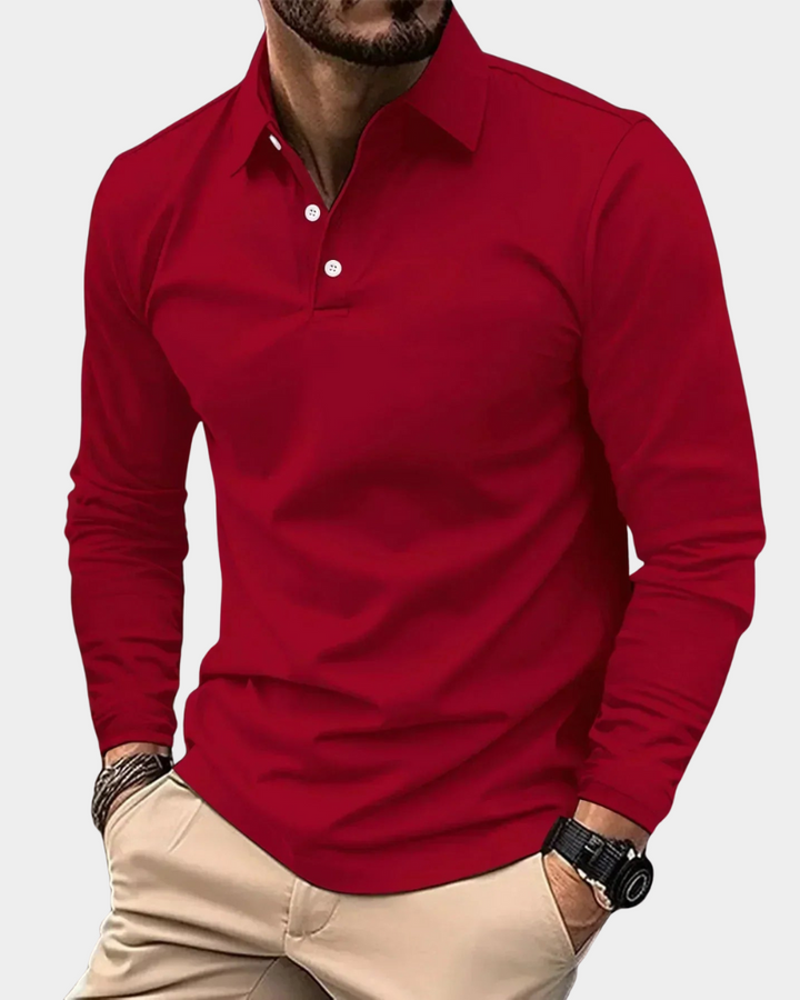 Rotes Herren Poloshirt langarm mit Knopfleiste und Reverskragen