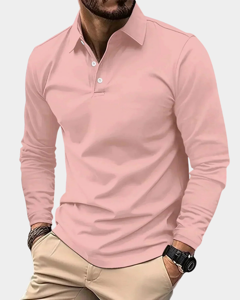 Langarm Poloshirt für Herren in Rosa mit schmaler Passform