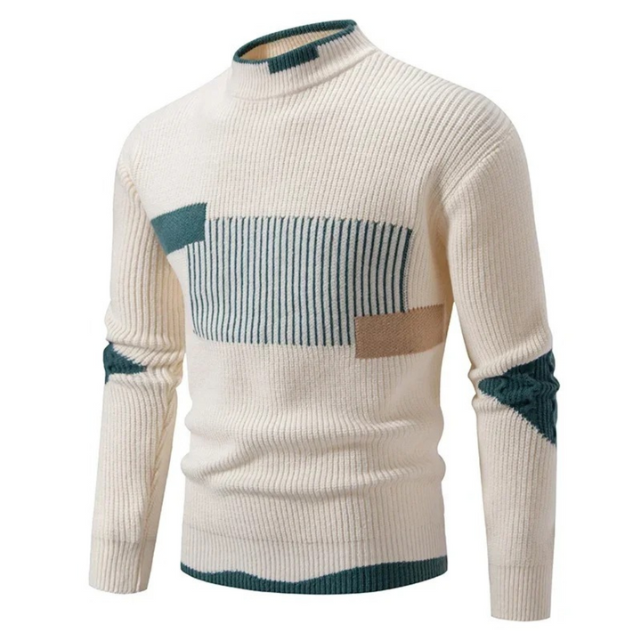 Herrenpullover in Creme mit Stehkragen und geometrischem Farbblockmuster in Grün
