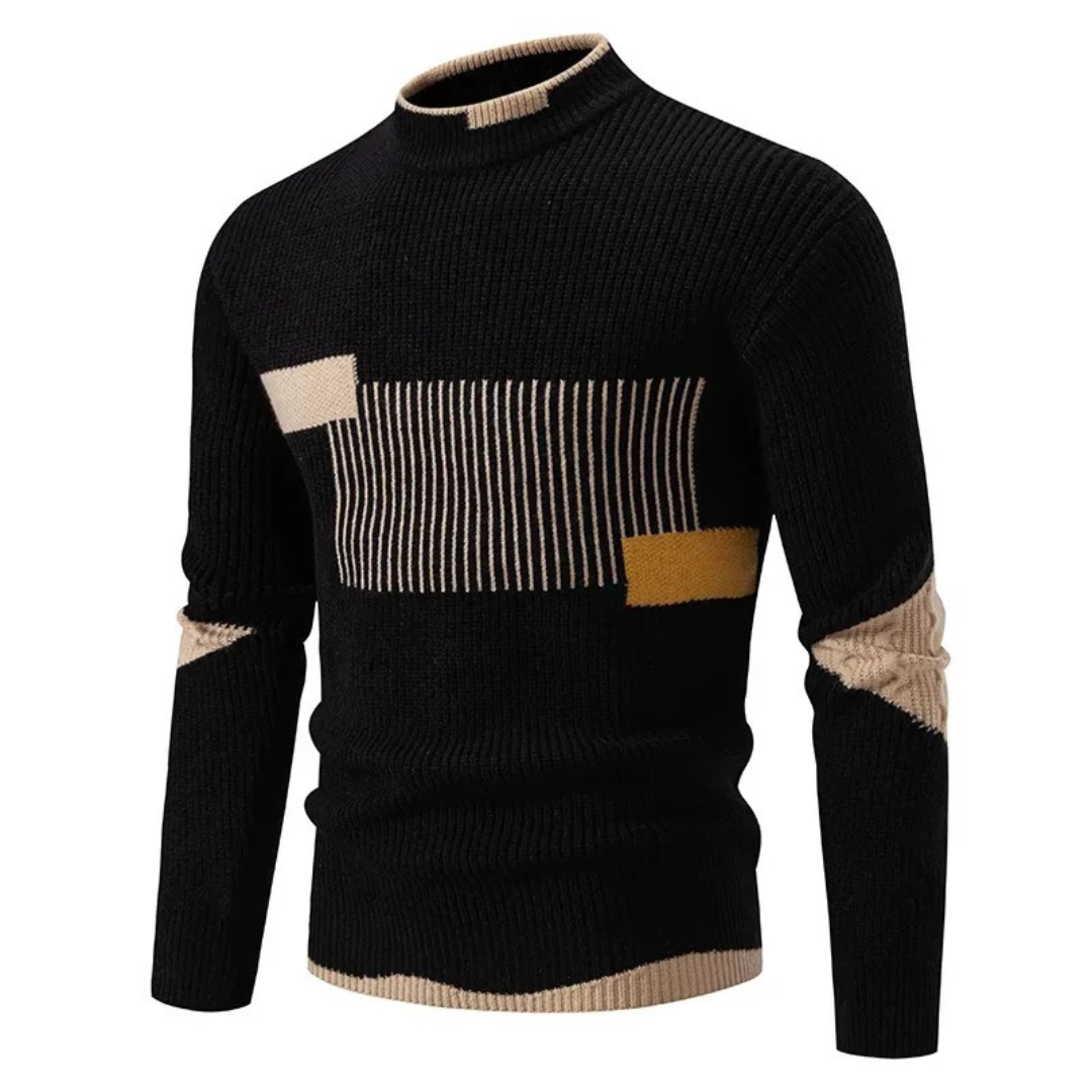 Herrenpullover in Schwarz mit Stehkragen und geometrischem Streifenmuster in Beige
