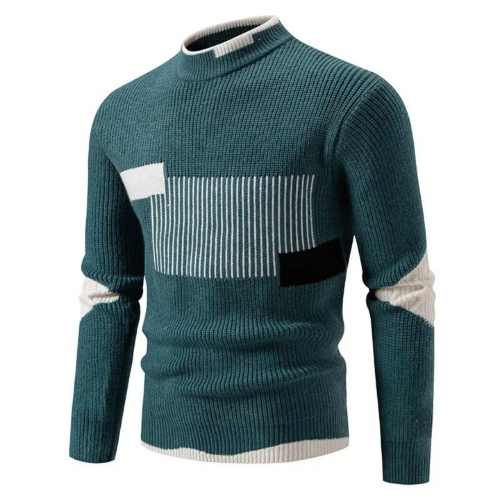 Herrenpullover in Petrol mit Stehkragen und geometrischem Farbblockmuster in Weiß