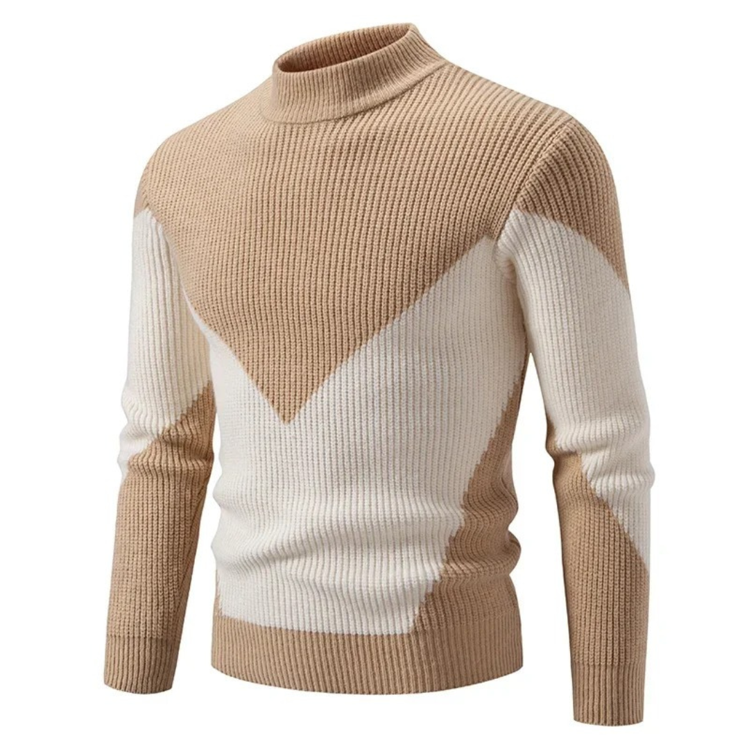 Rippstrick-Pullover in Beige mit Stehkragen und Zickzack-Farbblockdesign