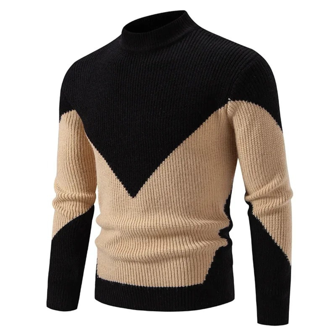 Rippstrick-Pullover in Schwarz mit Stehkragen und Zickzack-Farbblockdesign in Beige