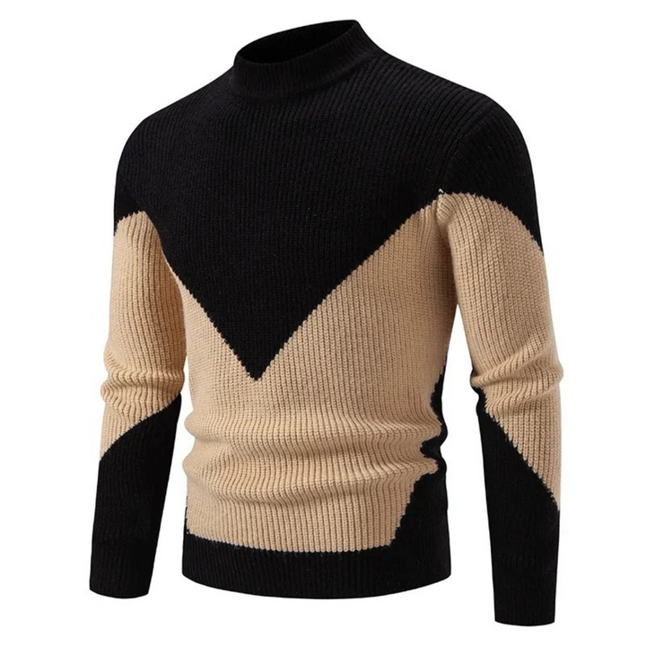 Rippstrick-Pullover in Schwarz mit Stehkragen und Zickzack-Farbblockdesign in Beige