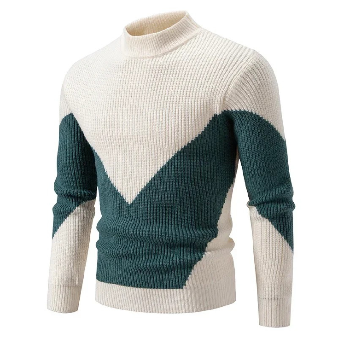 Rippstrick-Pullover in Creme mit Stehkragen und Zickzack-Farbblockdesign in Grün