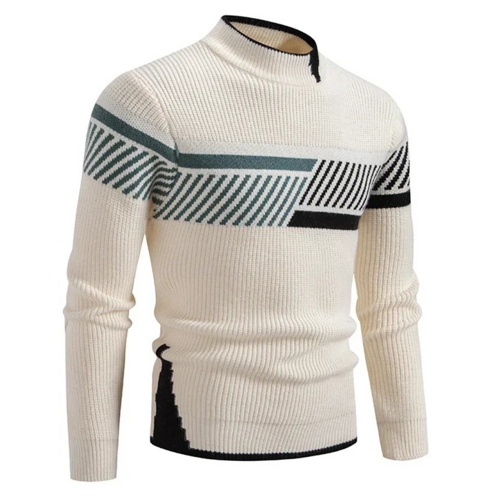 Herrenpullover in Creme mit Stehkragen und diagonalem Streifenmuster in Grün-Schwarz