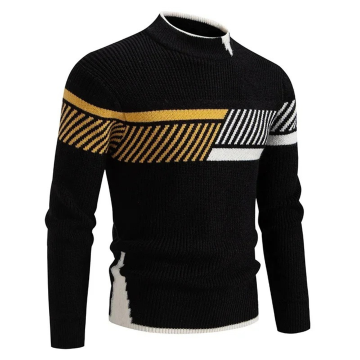 Herrenpullover in Schwarz mit Stehkragen und diagonalem Streifenmuster in Gelb-Weiß