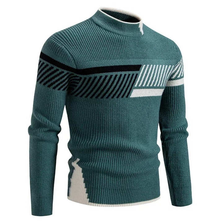 Herrenpullover in Petrol mit Stehkragen und diagonalem Streifenmuster in Schwarz-Weiß