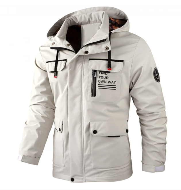 Herren Winterjacke mit Kapuze in Beige mit kariertem Futter und Kapuzenschnürung